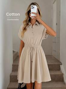 Easowa 女式短袖半开领衬衫式连衣裙，系腰，棉质面料，舒适 - 杏色 - 查看 6