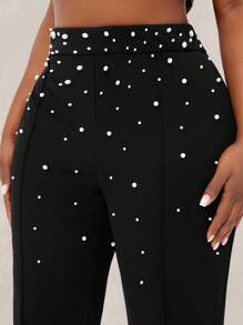 SHEIN SXY Plus Size Women's Fall & Winter,Spring&Summer Elegant Hand-Sewn Artificial Pearls Straight Leg Suit Pants,Suitable For Office Pearl Pants Plus Size Pearl Pants Pearl Embellished Pants Black Pants With Pearls Women Dress Pants With Pearls