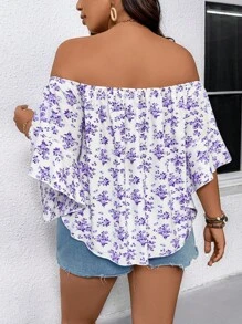 SHEIN Clasi Damen Große Größen Bluse mit weißer Basis und blauem Ditsy Blumendruck in Off-Shoulder Form, geeignet für Sommer, tägliche Fahrten und Urlaubstragen