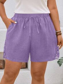Linhara Plus Size Women's Casual Textured Patchwork Lace Shorts, Summer