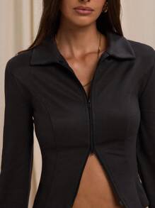 SHEIN BAE Women's Autumn Simple Casual Solid Color Zipper Long Sleeve Black Jacket,Chic Elegant Slim Fit Out Wear,Winter Night Out Fashion Jacket - Black - View 9