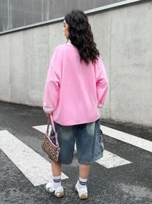 SHEIN Teen Girl's Pink Ribbed Collar Number & English Letter Print Loose Casual Sweatshirt, College Style Oversized Sweatshirt, Back To School Season - Pink - View 2