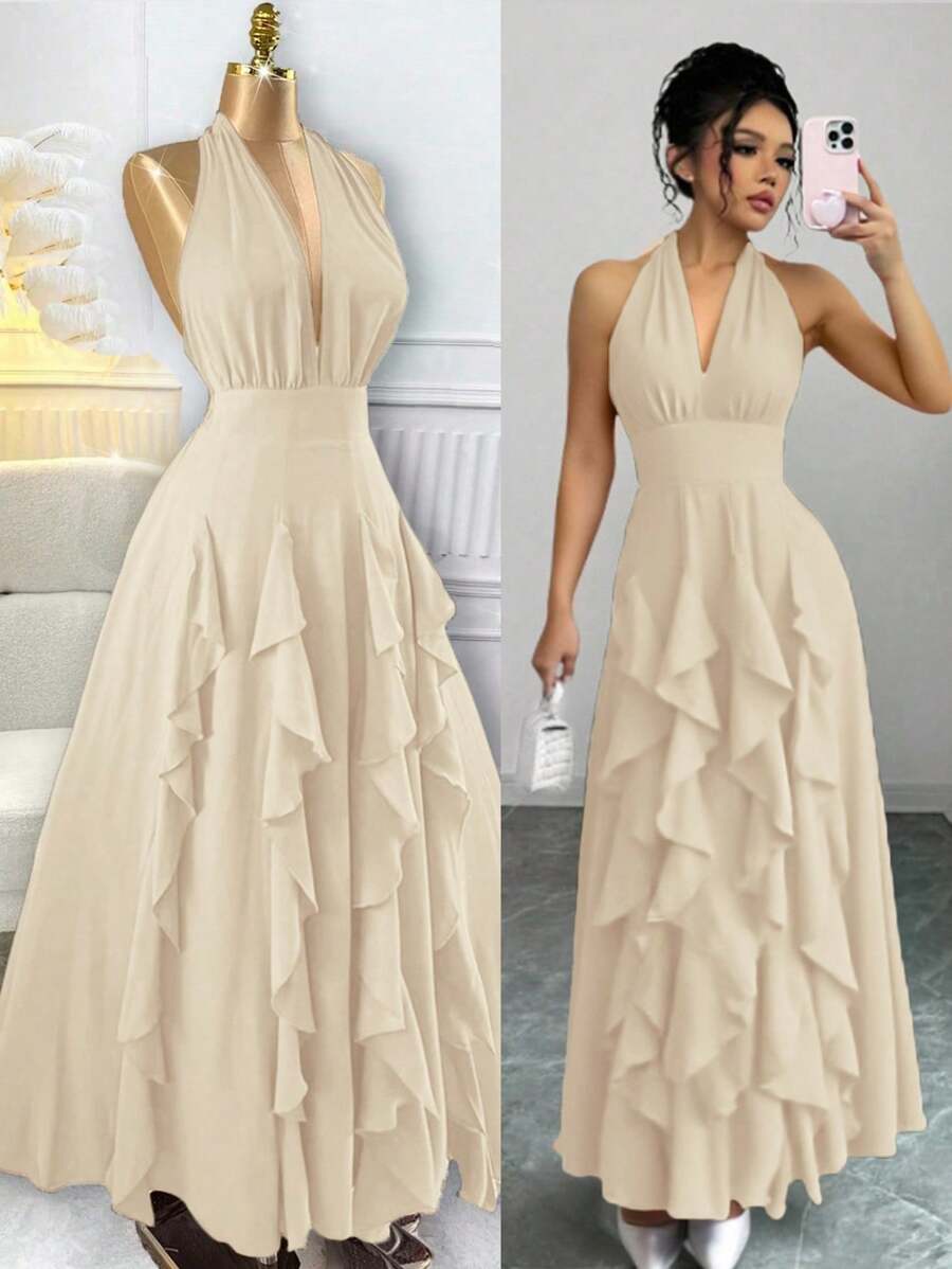 Chiquease Rafferiza Women Red Boho Romantic Elegant Wedding Guest Graduation Birthday Dresses Evening Beach Sun Dress Western Wear Concert Outfit Holiday Travel V-Neck 2025 Spring And Summer New Loose Casual Halter Random Free Straps Original Design Multi-Layered Ruffled Bow Long Maxi Dress - Apricot - View 1