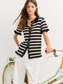 Nöista Women's Black And White Striped Knit Cardigan,Short Sleeve Button-Down With Ruffled Edges,70s Vintage Y2K School Back-To-School Autumn Fashion - Black - View 1