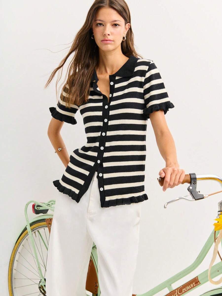 Nöista Women's Black And White Striped Knit Cardigan,Short Sleeve Button-Down With Ruffled Edges,70s Vintage Y2K School Back-To-School Autumn Fashion - Black - View 1