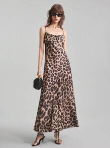 Ontre 优雅无袖豹纹开衩连衣裙，2025 年新款，塔夫绸面料，低胸领口，露背，系带腰部，飘逸裙摆，休闲/商务装，正式礼服 - 棕色 - 查看 5