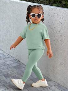 SHEIN Bright Yellow Outfit Set With Short Sleeve T-Shirt And Elastic Waist Pants For Babygirl, Casual And Fashionable For Outdoor, Autumn/Winter Baby Green Outfit Girl Toddler Green Outfit Toddler Co Ord Newborn Light Green Outfit Unisex Baby Girl Sage Green Outfit