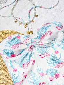 SHEIN Swim 2 chiếc/bộ 2025 Đồ bơi liền thân họa tiết đại dương nhiều màu sắc mới, dây mảnh xếp nếp và quần tam giác, bộ bikini ngày lễ thường ngày cho nữ - Nhiều màu - Xem 5