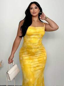 Firerie Plus Size Elegant Commuter Workplace Sophisticated Vacation Afternoon Tea Mildly Sexy Date Cocktail Party INS Retro College Beach Photo Outfit Spaghetti Strap Bodycon Yellow Long Maxi Dress With Ombre Gradient Floral Print & Net Mesh - Yellow - View 1