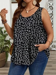 EMERY ROSE Casual Minimalist Ditsy Floral Plus Size Loose Fit Ruffle Strap Tank Tops & Camisole, Suitable For Spring & Summer Outings Suitable For Going Out - Multicolor - View 1