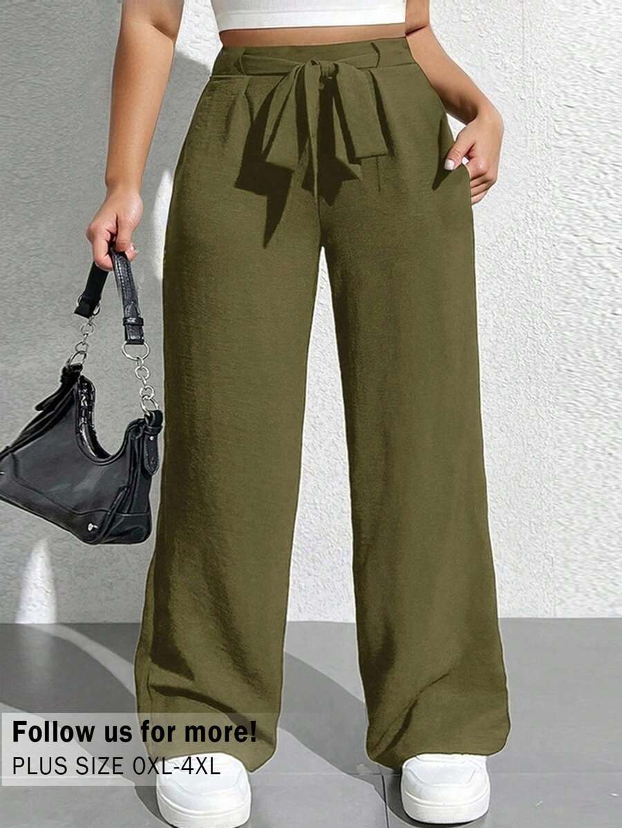 Auralis Plus Size Casual Solid Color Straight Leg Pants - Army Green - View 1