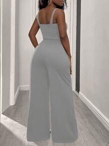 INAWLY 大码女式纯色宽松口袋阔腿休闲连体裤 - 淺灰色 - 查看 2