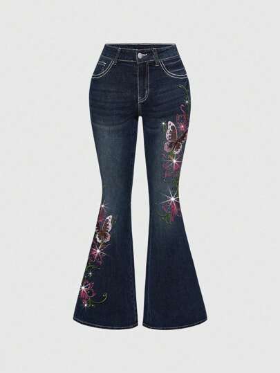 Fairycore Damen Retro Y2K Sexy Schmetterling Reben bestickte Strass Schlagjeans