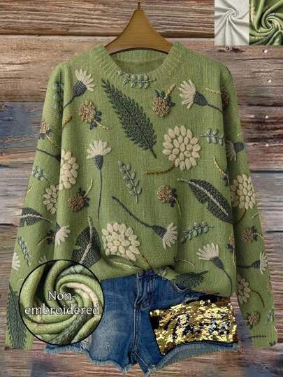 Plus Size Women Digital Print Casual Crew Neck Sweater, Autumn/Winter Knit Pullover Fall Outfit