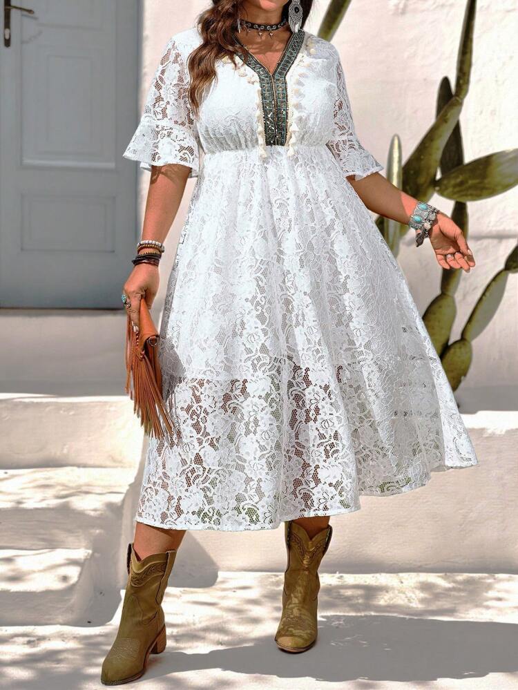 Vestido casual de férias com recorte de renda, estilo simples e fashion, adequado para o verão, estilo casual, moda de verão, roupas de verão femininas, roupas para concerto no campo, roupas country femininas, roupas de verão femininas plus size, roupas casuais femininas de negócios, roupas de verão femininas plus size, roupas formais femininas plus size