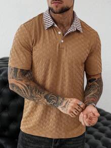Manfinity Homme Men's Summer Casual Plaid Panel Polo Shirt Brown Polo Shirts For Men Brown Tops For Men Men Brown Textured Polo Shirt Men Casual Brown Shirt Polo Shirts With Patterned Collar - Multicolor - View 1