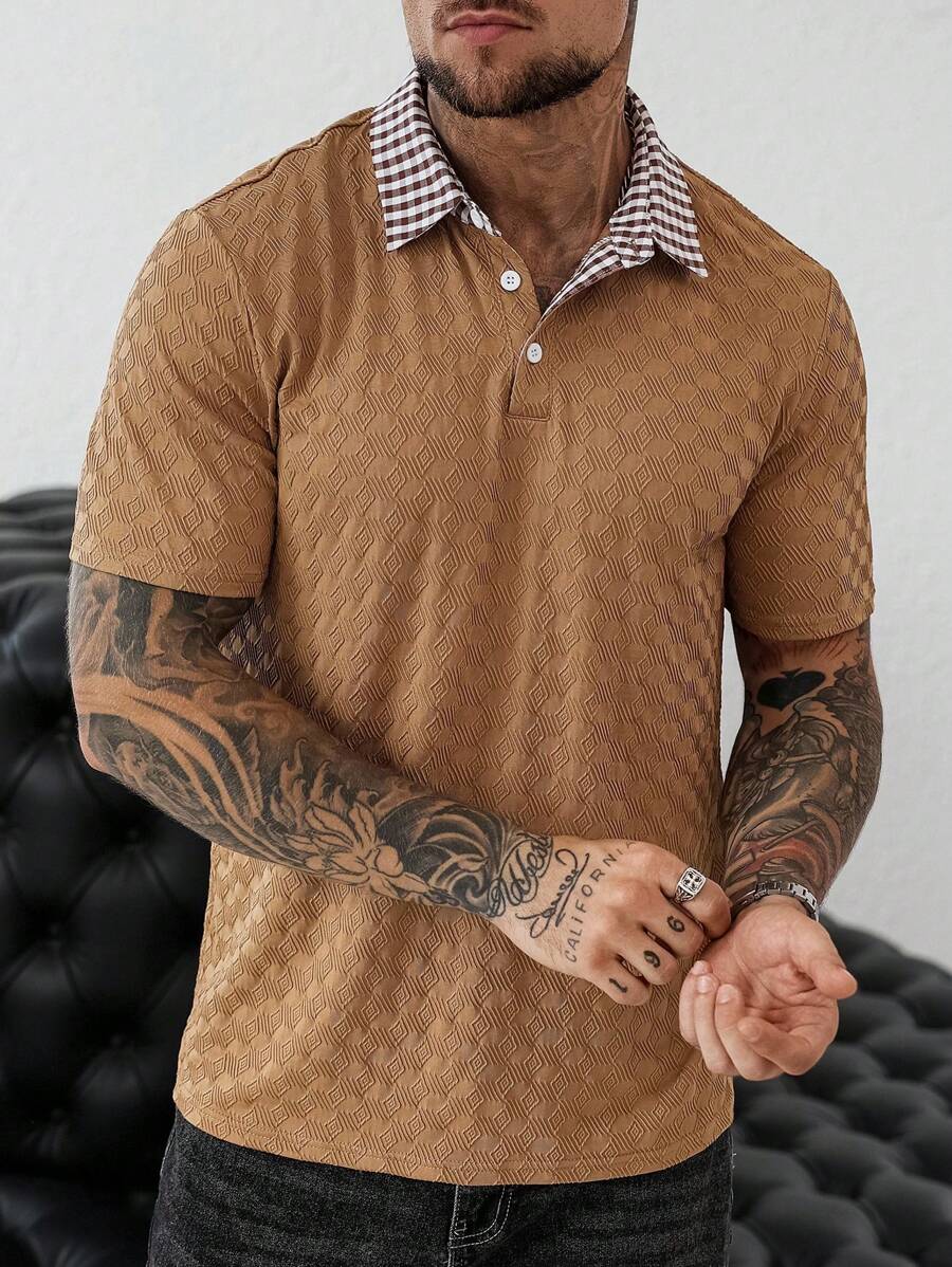 Manfinity Homme Men's Summer Casual Plaid Panel Polo Shirt Brown Polo Shirts For Men Brown Tops For Men Men Brown Textured Polo Shirt Men Casual Brown Shirt Polo Shirts With Patterned Collar - Multicolor - View 1