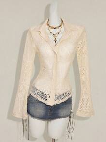 SHEIN ICON Damen neue vintage Spitzen Patchwork asymmetrische figurbetonte Hemd Bluse, Apricot