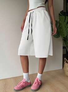 SHEIN EZwear Plus Size Women's White Drawstring Waist Pockets Casual Shorts,Back To School Wide Leg Shorts Wide Leg Capri Pants - White - View 6