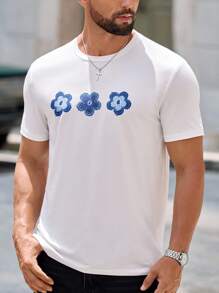 Manfinity VCAY 男士休闲修身针织花卉印花T恤花朵T恤男男士花朵T恤男士T恤花朵衬衫男士夏季T恤 - 白色 - 查看 5