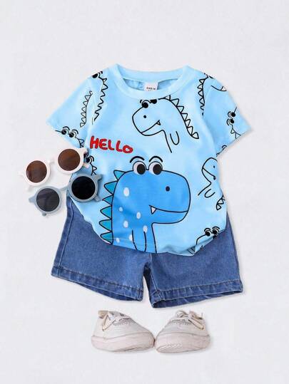 SHEIN Baby Boy Spring Summer 2 Pieces Set - Colorful Casual Style HELLO Dinosaur Print Round Neck Short Sleeve T-Shirt And Classic Denim Shorts. Crafted With Soft And Comfortable Fabrics, The Vibrant Dinosaur Motif Adds Playful Charm To The Everyday Outfit. Baby Clothes 3 6 Baby Boy Clothes Dinosaur Baby Boys Clothing Dinosaur
