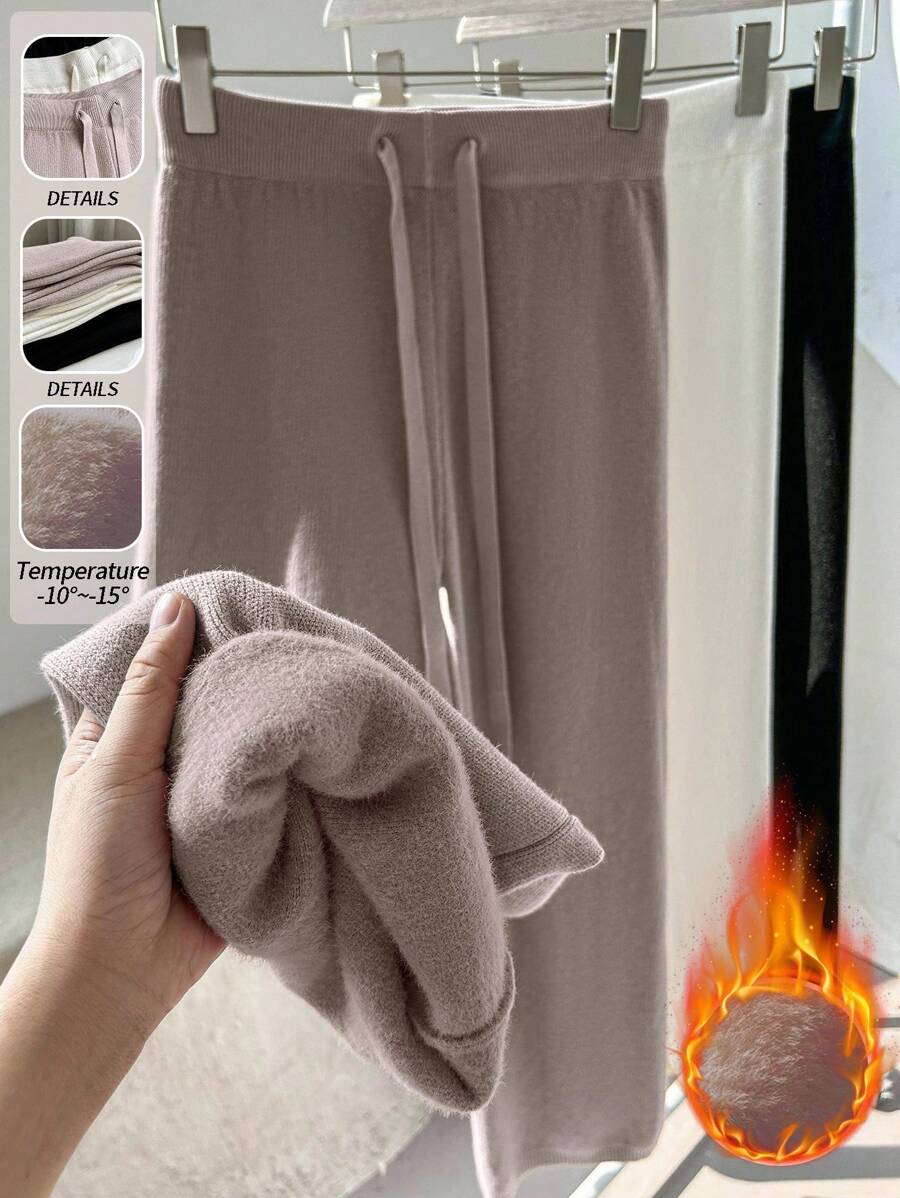 Franclia New Women High Waist Tie Waist Fashion Casual Straight Leg Wide Leg Pants, Thermal Lined Thick Knit Leggings Maillard Style Knitted Sweater Clothes For University - Bronze - View 1