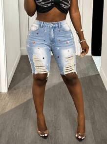 BamGleam Quần short denim thời trang đính đá có tua rua bỏ túi cho nữ - Màu xanh lam - Xem 3