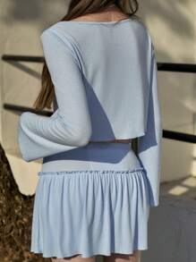 2pcs/Set Women Fresh Cut-Out Long Sleeve T-Shirt - Baby Blue - View 2