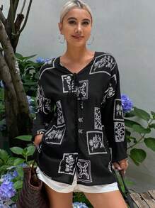 Livesso Blusa de verano holgada con mangas largas, escote en V y lazo delantero, con estampado floral para mujer - Negro - Ver 4