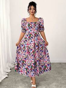 Modelyn Plus Size Crinkle Printed Square Collar Puff Sleeve A-Line Dress