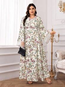 Al Najma 大码女式花卉印花 V 领喇叭袖侧系腰阿拉伯风格连衣裙 - 杏色 - 查看 5