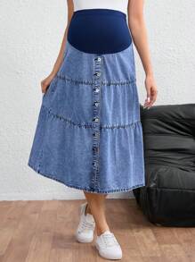 SHEIN Adjustable Waist Single-Breasted Casual Denim Skirt For Pregnant Women - Dark Wash - View 5
