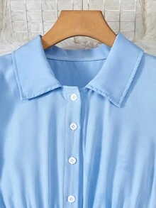 年轻女孩优雅奶油色和白色V领泡泡袖短袖褶皱长裙 - 藍色 - 查看 4