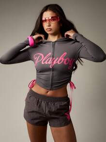 Missguided x Playboy Cropped Full Zip Hooded Active Jacket With Side Ruched Detail And Drawstring Sides Modern Loungewear Athleisure Style - Dark Grey - View 6