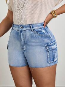 EMERY ROSE Plus Size Women's Summer Lilac Denim Ripped Hem Shorts - Medium Wash - View 5
