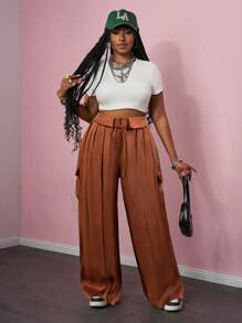 Slaydiva 2025春夏新款宽松腰工装口袋装饰阔腿大码裤-Z，适合音乐节、街头、度假