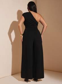 SHEIN BAE 大码女式纯黑色不对称肩部修身阔腿连体裤，优雅的日常外出装，约会，旅行，派对，聚会，礼服，秋季女装，秋季，返校，Y2k 女装，夜间外出/外出，女士约会夜装，机场旅行装