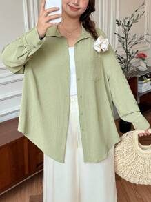 SHEIN LUNE Plus Size Casual Solid Color Backless Shirt School Clothes Back Butterfly Strap Office Outfits For Women Green Shirt