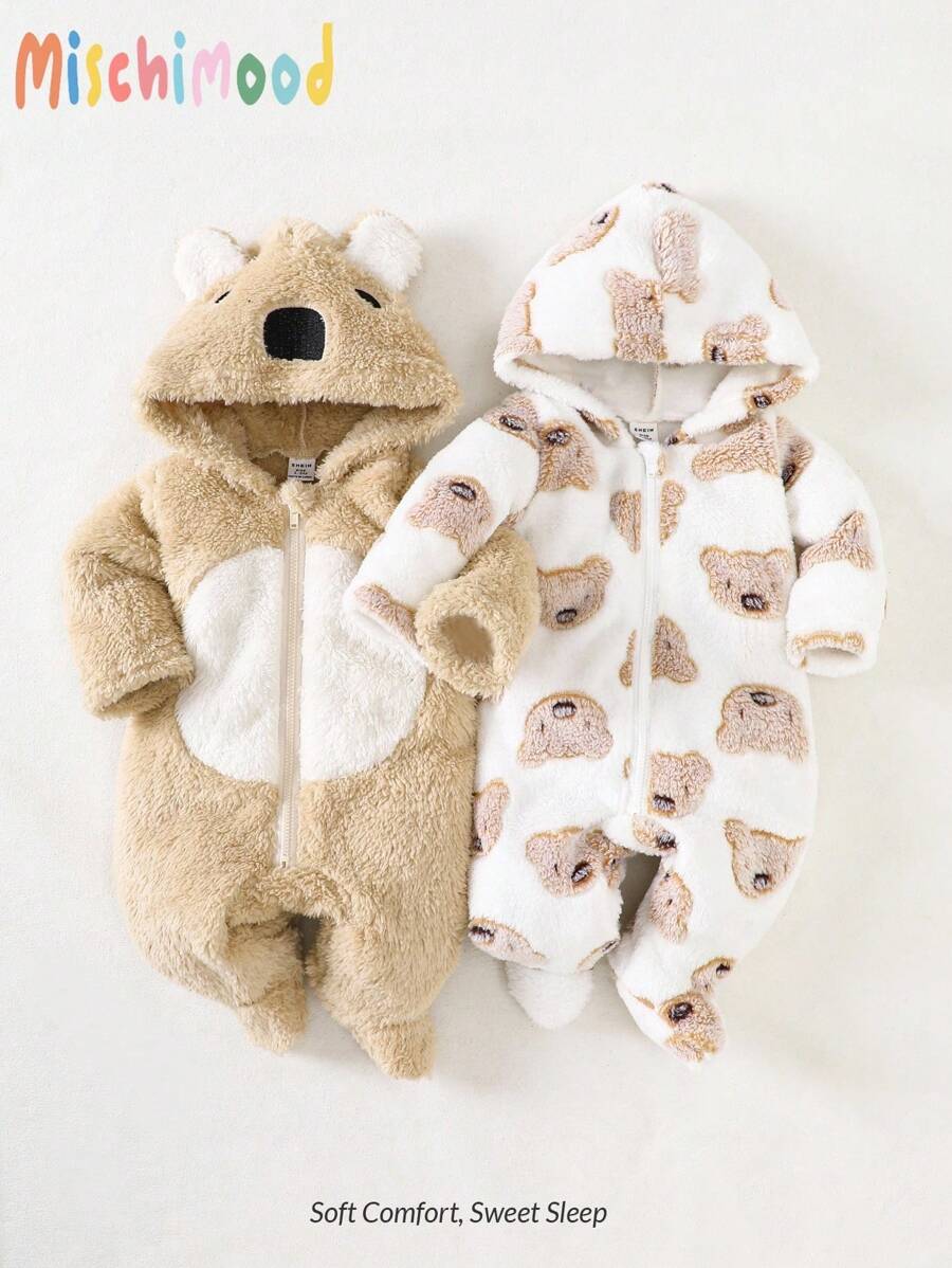 2 件婴儿毛绒考拉印花刺绣厚羊毛长袖连体衣家居服套装，适合秋冬季 - 卡其色 - 查看 1