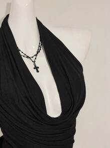 SHEIN ICON Women's Plunge Neck Sleeveless Y2K Sexy Top, Fashionable Solid Color Fall Women Clothes - Black - View 7