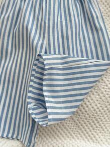 Conjunto De Top Y Pantalón De Peplum Con Cuello Asimétrico De Volante A Rayas Para Bebé Niña
