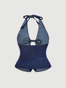 SHEIN MOD 大码女式休闲吊带牛仔上衣、女式外出上衣、度假、生日、露背上衣、可爱夏季上衣、早午餐、老钱风格女装、街头女装、外出、巡航、外出上衣、派对、生日、复古、前系带上衣、Y2k 上衣、女牛仔 - 淺色水洗藍 - 查看 2