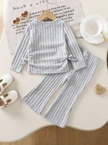 Babygirl Cute Grey Knitted Casual Long Sleeve Top And Elastic Waist Pants Set, Autumn/Winter Fall