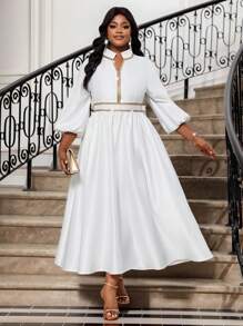 SHEIN Lady 春夏秋冬优雅端庄婚礼鸡尾酒会音乐会/音乐节白色编织缎面立领喇叭袖吊带中长七分袖大码连衣裙大码拼色边缘缺口领亮片拼接优雅连衣裙优雅连衣裙婚礼宾客礼服优雅秋装秋季服装节日服装婚纱宾客大码婚礼宾客礼服曲线婚礼宾客礼服婚礼宾客礼服曲线全白派对服装女士教堂礼服女士秋季服装女士婚礼宾客礼服女士秋季服装女士秋季服装女士秋季连衣裙 - 白色 - 查看 4