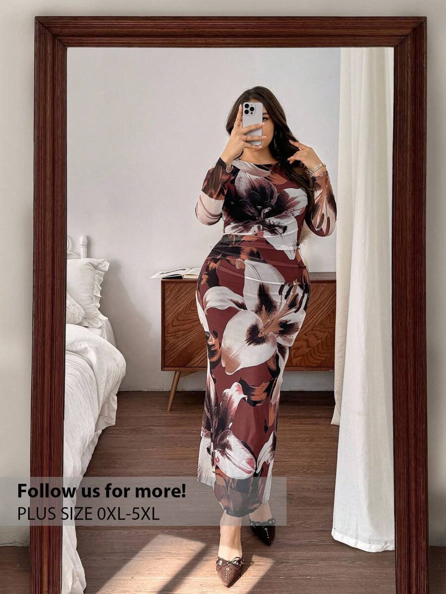 Firerie Plus Size Women Floral Print Round Neck Long Sleeve Fitted Elegant Dress Spring - Burgundy - View 1