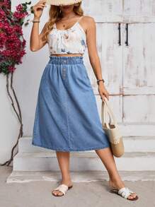 SHEIN Clasi Plus Size Summer Casual Button Decor Elastic Waist Denim A-Line Skirt - Blue - View 5