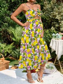 Lyckli Pregnant Women Fruit Print Hollow Out A-Line Sleeveless Dress, Suitable For Vacation, Spring & Summer, Beach - Multicolor - View 3