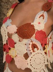 Anewsta Contrast Color Hollow-Out Asymmetric Hem Fashionable Crochet Knit Coverup Vest For Summer Beach Vacation - Multicolor - View 7