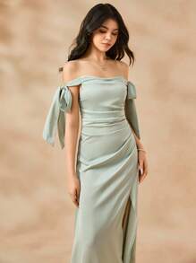 SHEIN Váy dài hở lưng bằng vải satin màu xanh bạc hà thanh lịch cho phù dâu tuổi teen, bé gái rải hoa, sự kiện khiêu vũ, thanh thiếu niên, mùa cưới - Màu xanh Bạc hà - Xem 8