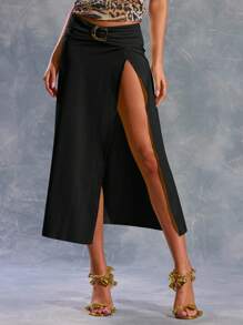 MUSERA 不对称下摆，腰部饰有搭扣的性感半身裙，适合夏季、伊比沙岛、Y2K、酷女孩、音乐节、锐舞派对、度假、夜店、可爱风、冬季派对等场合。 - 黑色 - 查看 1